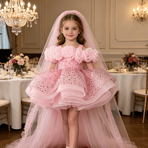 Vestido Mini de Tul con Tirantes Finos para Niñas, Cola Larga, Diadema con Lazo de Lentejuelas a Juego, Disfraz para Boda, Cumpleaños, Concurso, Actuación - Product Image 3