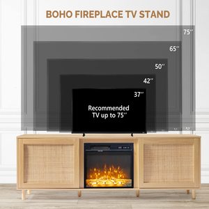 Electric Fireplace <strong>TV</strong> Stand Entertainment Center <strong>Rattan</strong> <strong>TV</strong> Stand Cabinet Table <strong>Unit</strong> with 2 Side Natural <strong>Rattan</strong> Doors - Product Image 2