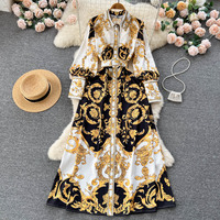 Vente chaude Vintage imprimé à manches longues robe trapèze femmes français enveloppé hanche sur le genou longue robe
