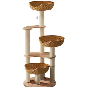 Rumah Kucing Modern Veyoda dari Kayu Solid Ramah Lingkungan dengan Anyaman Rotan, Tiang Garukan <span class=keywords><strong>Sisal</strong></span> 3 Tingkat - Product Image 2