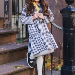 Anpassbares 100% Baumwolle schwarz-weiß kariertes Langarm kleid für Mädchen
