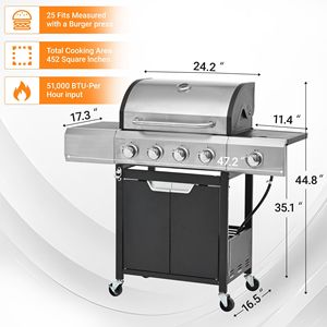 Barbecue au gaz propane Db 4 brûleurs en acier inoxydable avec brûleur latéral pour barbecue extérieur, camping, capacité 5 personnes - Product Image 6