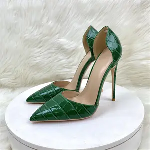 Dark Green Crocodile Embossed Pattern Women Pointy Toe High Heel Shoes Sexy Slip On Basic Stiletto Pumps For Sexy