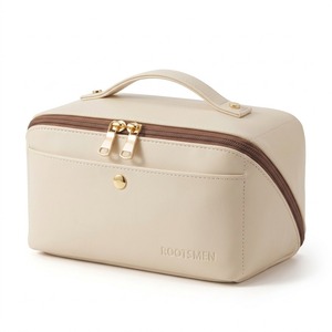 Trousse de toilette en cuir PU crème, ouverture à plat, pochette avant, fermeture à bouton-pression doré, double fermeture éclair, poignée, logo personnalisé, OEM - Product Image 2