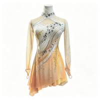 Robe de patinage et de danse pour enfants et adultes, dégradé jaune et blanc, maille à manches longues, jupe superposée avec strass, pour compétition et spectacle de patinage sur glace