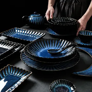 Retro fashion kiln moon dish set di stoviglie in ceramica blu nera piatti di crisantemo