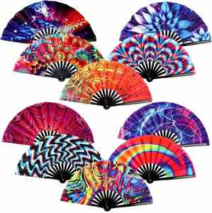Customized Printed Traditional Cartoon Painted <b>Large</b> Bamboo Promotional Rave Satin Fabric Hand Held Folding <b>Fans</b> - Product Image 1