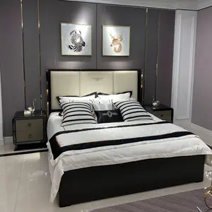 Juego de cama de tamaño queen, mueble de dormitorio curvo, marco de cama individual de madera, moderna, con Mesillas de noche, venta al por mayor