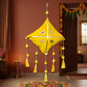 Handcrafted Yellow Traditional <b>Decorative</b> Cotton Gujarat Float Wall Hanging with Tassels and Mirror Work - Product Image 2