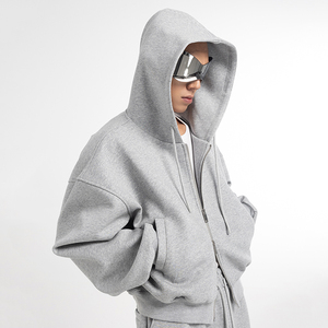 Sweat à capuche pour homme avec double fermeture éclair, logo personnalisé, coupe oversize, fermeture éclair intégrale, sweat à capuche court avec poches - Product Image 2