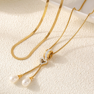 Collier en acier inoxydable plaqué or 18 carats avec double couche de perles et de pampilles en forme de cœur et de cz pour femmes, cadeau - Product Image 4