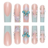 Autocollants pour ongles en acrylique, style français, motif fleur fraîche à cinq pétales, papillon doré, faux ongles en gros