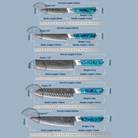 Grandsharp Kitchen 129-laags Japans Damascus staal messenset met koksmes, Santoku, Nakiri, utility- en schilmes, met blauw hars handvat