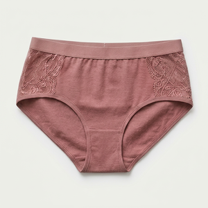 Women's Pink Lace Trim Cotton Spandex Brief <b>Underwear</b> Breathable Knitted Fabric Standard Fit - Product Image 1