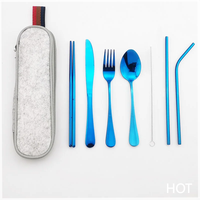 Argenterie réutilisable avec paille en métal cuillère fourchette baguettes et étui portable ensemble de couverts pour voyage camping 7 pièces ensemble de couverts