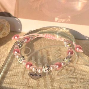 Heart Shape <b>Beaded</b> <b>Bracelet</b> With Daughter Charm Pink Pearl Crystal Rhinestone Women's Jewelry Gift - Product Image 1