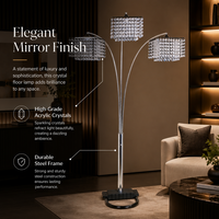 Lampadaire LED 3 lumières en métal chromé avec bras incurvé en cristal et culot E27, design moderne et luxueux pour salon et côté canapé