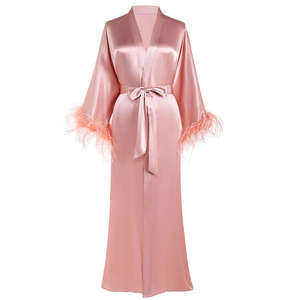 Custom Satin Women's <strong>Robes</strong> Sleepwear 100% Polyester Long Bathrobe Satin Silk Drawstring <strong>Ostrich</strong> <strong>Feather</strong> Bridesmaid <strong>Robe</strong> Women