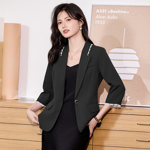 Women's Blazer Slim Fit Three Quarter Sleeves Solid Color Polyester Pocket Design For Office Wear - Product Image 2