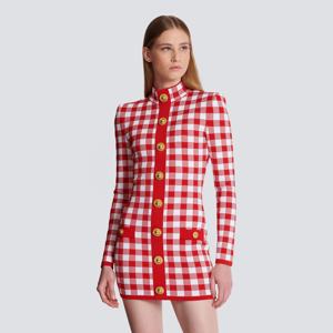 Kadınlar zarif elbiseler kırmızı ekose jakarlı Vintage moda düğme giyim üreticileri ile uzun kollu bandaj Mini elbise giymek - Product Image 1