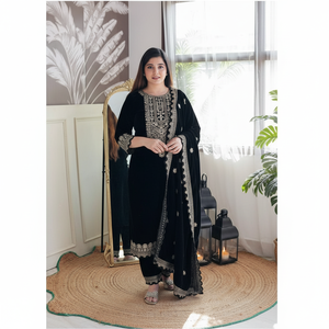 Women's Attractive <b>Viscose</b> Velvet Embroidery Digital Print Sequence Work <b>Top</b> Bottom with Dupatta Black - Product Image 2