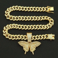 Chaîne cubaine 13 mm Iced Out avec pendentif papillon en alliage et strass, collier ras du cou style Hip Hop