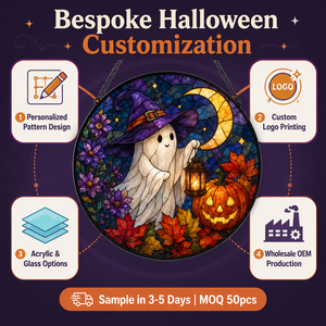 POD Premium Acchiappasole in Vetro Colorato con Stampa di Strega e Fantasma, Decorazione da Appendere alla Finestra, Regalo di Halloween per la Casa, Decorazione Autunnale - Product Image 2