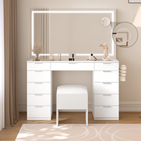 Ensemble coiffeuse et tabouret avec miroir LED 3 couleurs, luminosité réglable, plateau en verre, 11 tiroirs, bureau de maquillage blanc
