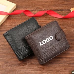 Portefeuille court en cuir PU pour homme avec fermeture éclair et bouton-pression, porte-monnaie à deux volets, logo personnalisé, cadeau pour une utilisation promotionnelle - Product Image 1