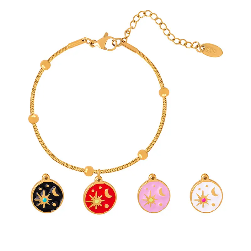 Pulseras finas de acero inoxidable con sol y luna, joyería sin deslustre, cadena de serpiente chapada en oro de 18 quilates, pulseras de esmalte con cuentas para mujer