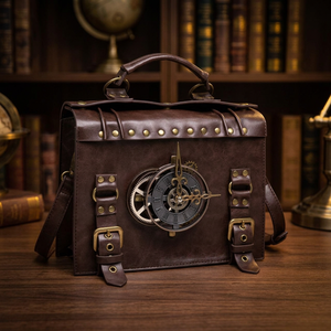 Sac à bandoulière vintage en cuir véritable pour femme, style steampunk, printemps été automne hiver, fermeture éclair, décoration horloge, rivets - Product Image 2