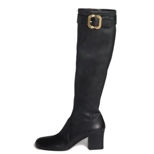 Bottes hautes pour femmes à bout carré, grande taille 46, coupe large, talons épais, boucle métallique supérieure, bottines longues - Product Image 3