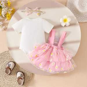 Set di Abbigliamento Estivo 2025 per Bambine: Top a Maniche Corte Tinta Unita, Gonna in Rete Stampata con Cintura e Fascia per Capelli, 3 Pezzi - Product Image 5