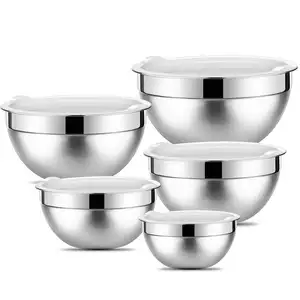 Custom Top Sell Stainless Steel Mixing Bowl Set Of 5 Kitchen Non Slip Bottom Salad Vegetable Food Storage Metal Bowl With Grater