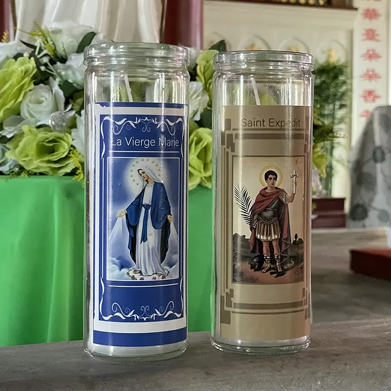थोक सेंट Mult चर्च प्रार्थना स्तंभ ग्लास जार सोया मोम बहुरंगी धार्मिक मोमबत्तियों
