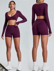 Set di abbigliamento da palestra per Fitness attivo da donna Top corto a maniche lunghe e pantaloncini da bici con motivo solido costume da <span class=keywords><strong>ciclismo</strong></span> e Pilates per Yoga taglie forti - Product Image 3