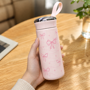 Personalized Cute Bow Print Glass Tumbler Eco-Friendly Portable Drinking <b>Bottle</b> with Loop Lid for Daily Use Promotional Gifts - Product Image 5