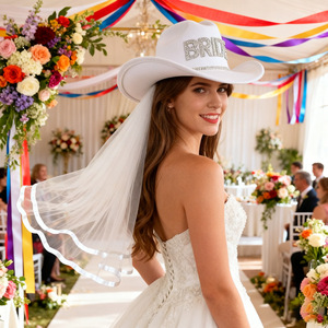 หมวกคาวบอยเจ้าสาวสีขาวประดับมุกตัวอักษรเจ้าสาว M56-58Cm เครื่องประดับศีรษะเจ้าสาวประดับด้วยลูกปัดโพลีเอสเตอร์ - Product Image 1