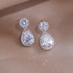 E3608 White Gold <b>Crystal</b> Drop Earrings <b>Water</b> Drop Bezel Setting Classic Women's Wedding Jewelry - Product Image 5