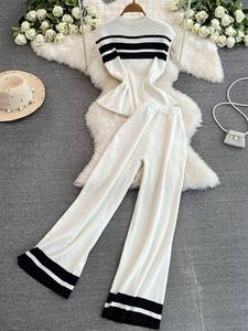 Set di moda donna senza maniche Slim <span class=keywords><strong>maglia</strong></span> bianca Top Casual <span class=keywords><strong>pantaloni</strong></span> dritti due pezzi - Product Image 2