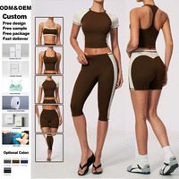 Ensemble de fitness personnalisable pour femme, patchwork, contrôle du ventre, short uni, taille élastique pleine longueur, extensible dans les quatre sens, séchage rapide