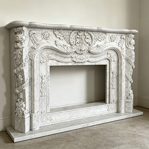 Cheminée autoportante européenne en marbre noir avec manteau de foyer en pierre et têtes de lions à la française pour salon - Product Image 5