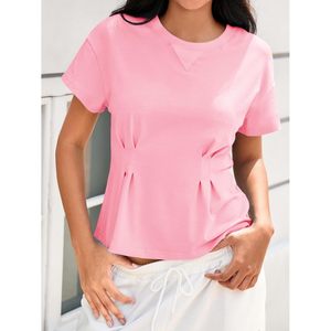 Haut plissé rose léger à manches courtes et col rond pour femme, style peplum, idéal pour l'été et la mode décontractée - Product Image 2