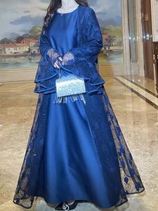 Sharut批发伊斯兰开斋节迪拜卡夫坦奢华派对礼服优雅穆斯林女装缎面微光蕾丝Abaya两件套 - Product Image 4