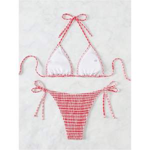 Ensemble de bikini personnalisé pour femme à carreaux gingham, maillot de bain deux pièces à nouer, dos nu, triangle, avec liens latéraux, en élasthanne extensible et polyester - Product Image 1