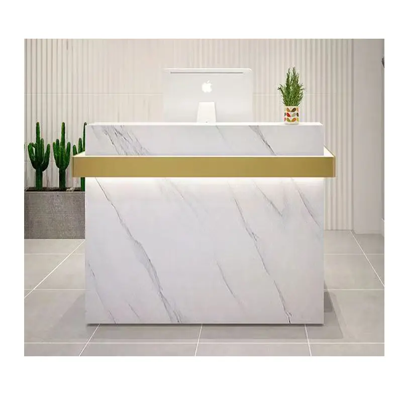2 person standard size reception desk for office white and gold marble reception desk