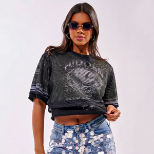 Glitter Print <b>Mesh</b> <b>Crop</b> <b>Top</b> Short Sleeve Breathable Street Style Casual Shirt Women Summer Fashion - Product Image 1