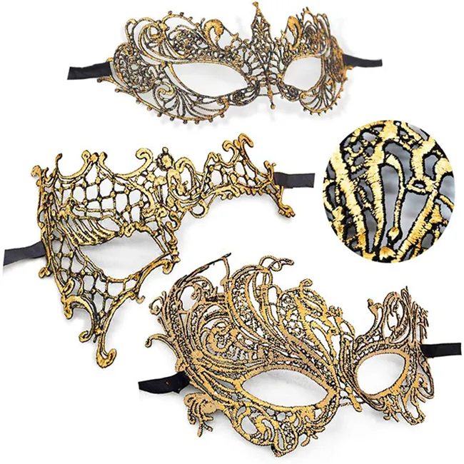 Golden Lace Masks for Masquerade Proms Hallowmas Party(2 different styles), Golden lace mask