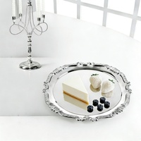 Plateau de service rond en acier inoxydable 304, plateau décoratif argenté avec bordure ornée pour gâteau, dessert, thé, fête, table basse