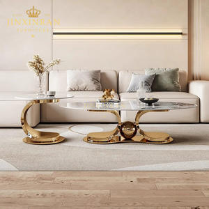 Mesa de Centro Nórdica Italiana de Lujo con Patas de Acero Inoxidable Dorado para Sala de Estar Moderna Ovalada de Piedra Sinterizada Blanca - Product Image 1